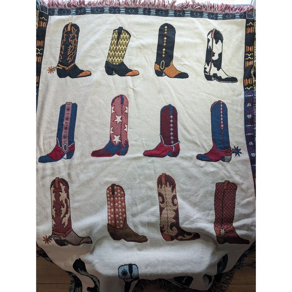 Vintage Cowboy Boots Woven Tapestry Throw Blanket Western Southwestern Fringe